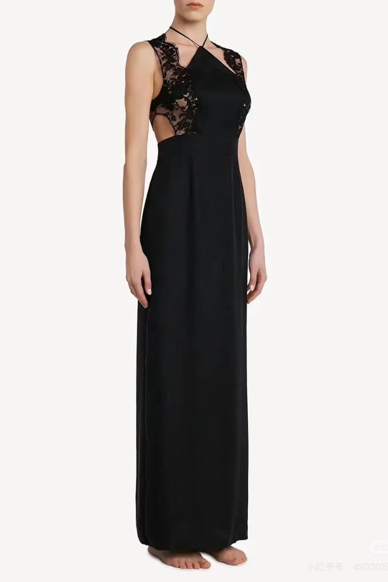 La Perla Halterneck Nightgown In Black Silk With Leavers Lace - Image 2