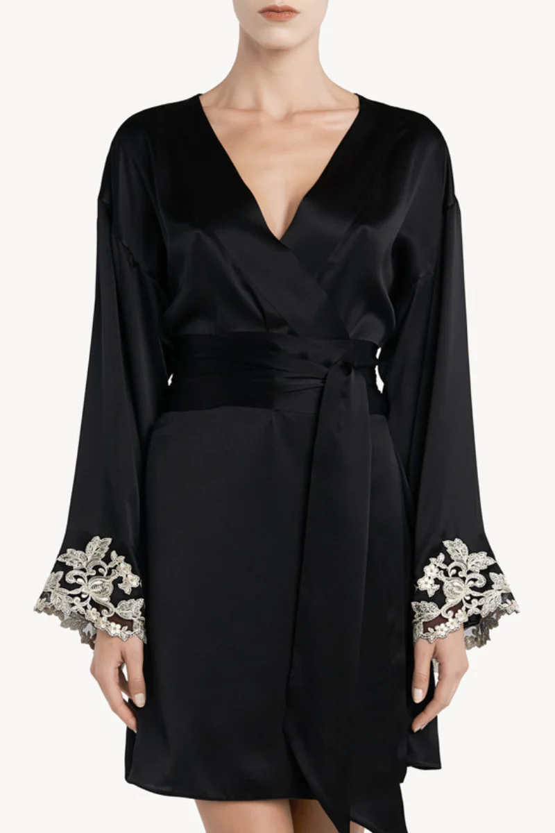 La Perla Maison Black Silk Satin Short Robe with Frastaglio - Image 2