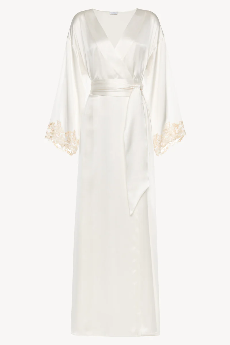 La Perla Maison White Long Silk Robe With Ivory Frastaglio