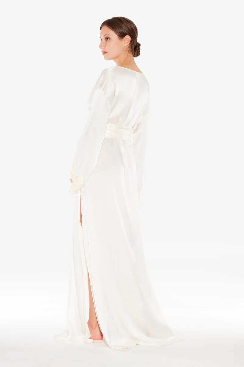 La Perla Maison White Long Silk Robe With Ivory Frastaglio - Image 3
