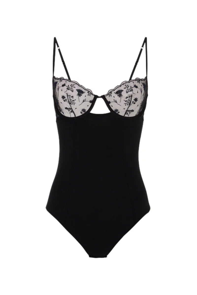 La Perla Midnight Botanica Bodysuit in Onyx with embroidered tulle
