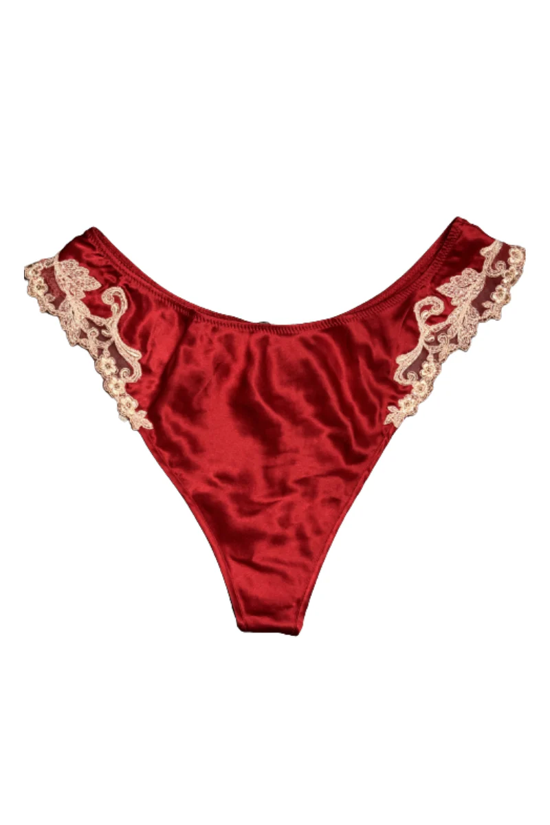 La Perla Red Silk Thong with Pink Frastaglio