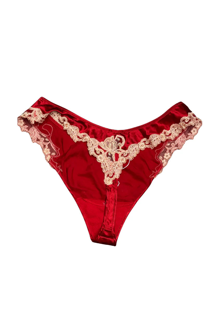 La Perla Red Silk Thong with Pink Frastaglio - Image 2
