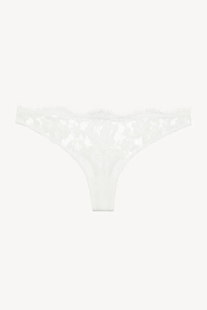 La Perla Thong in Off White with Cotton Leavers Lace