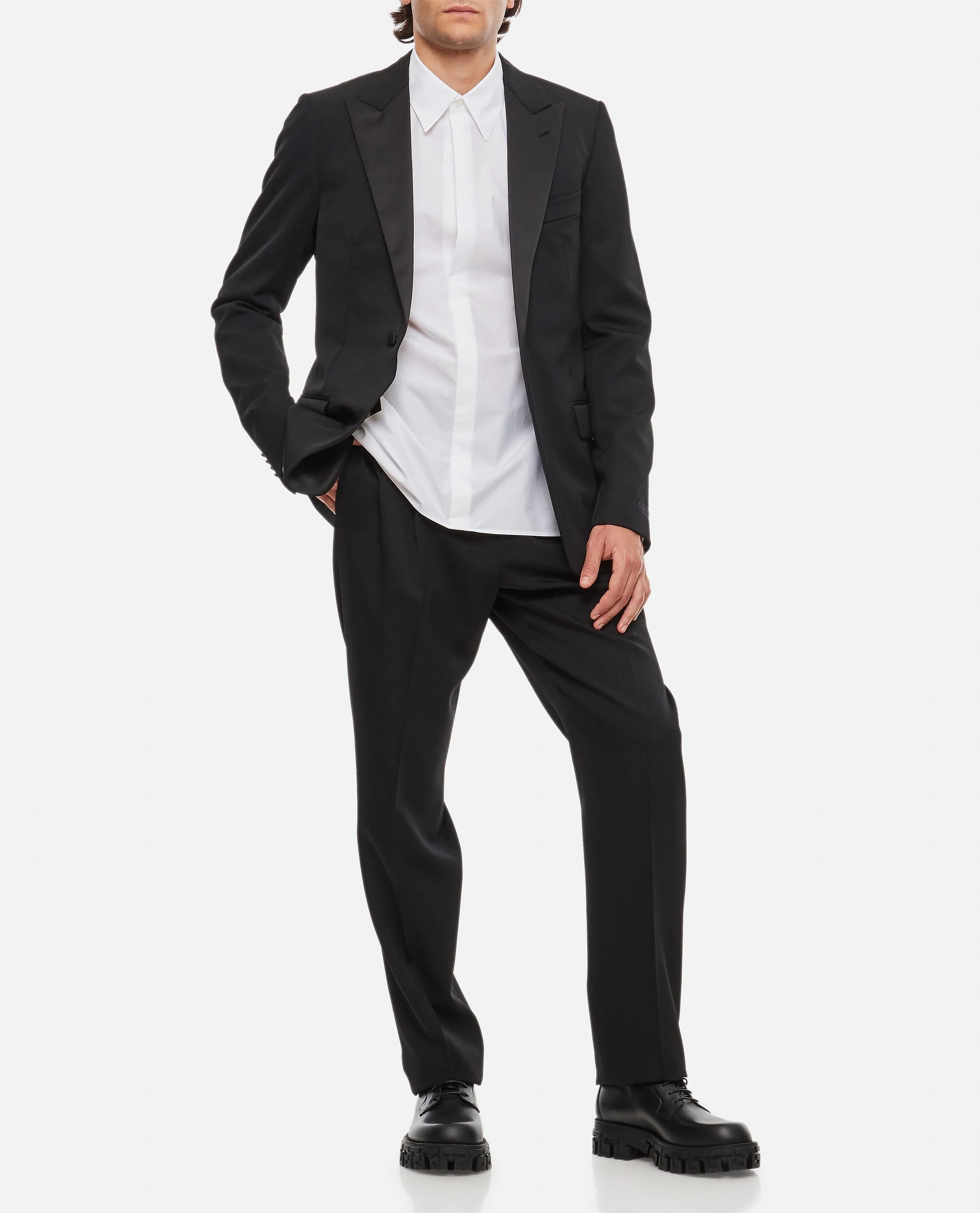 LANVIN MEN'S BLACK WOOL STRAIGHT LEG TROUSERS