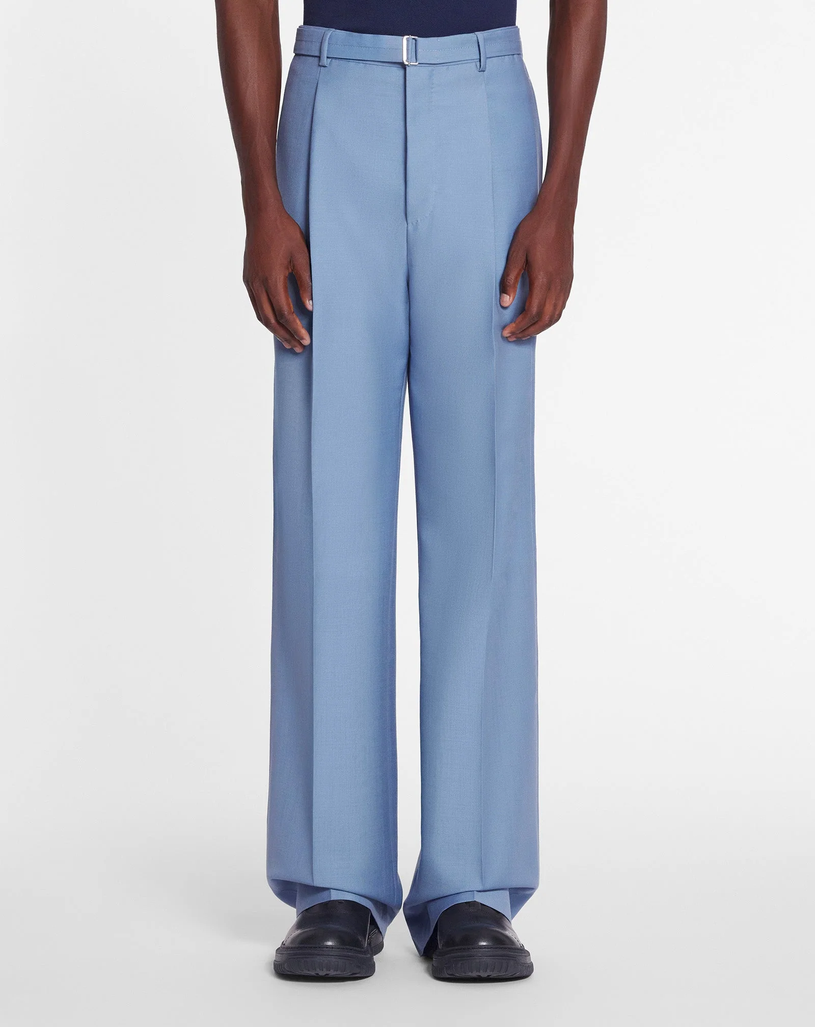 LANVIN MEN'S BLUE VIRGIN WOOL WIDE LEG TROUSERS - Image 3