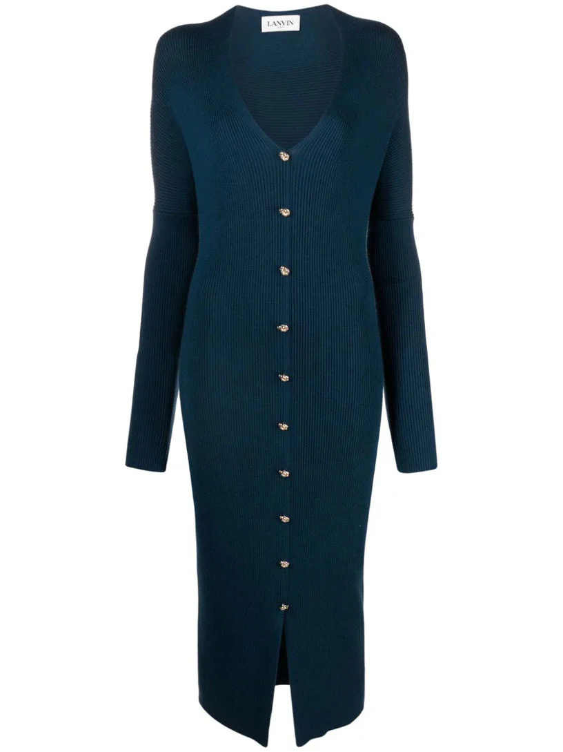 LANVIN WOMEN'S SAPPHIRE RIBBED LONG BUTTONED DRESS
