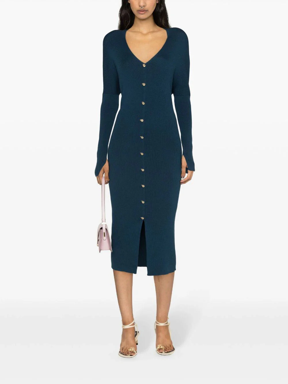 LANVIN WOMEN'S SAPPHIRE RIBBED LONG BUTTONED DRESS - Image 2