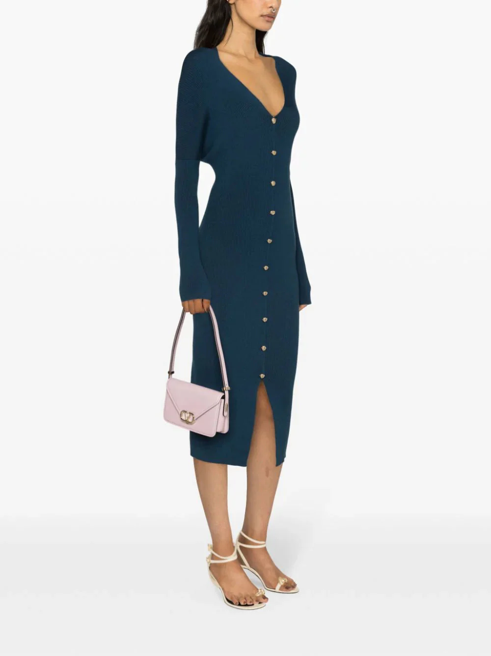 LANVIN WOMEN'S SAPPHIRE RIBBED LONG BUTTONED DRESS - Image 3