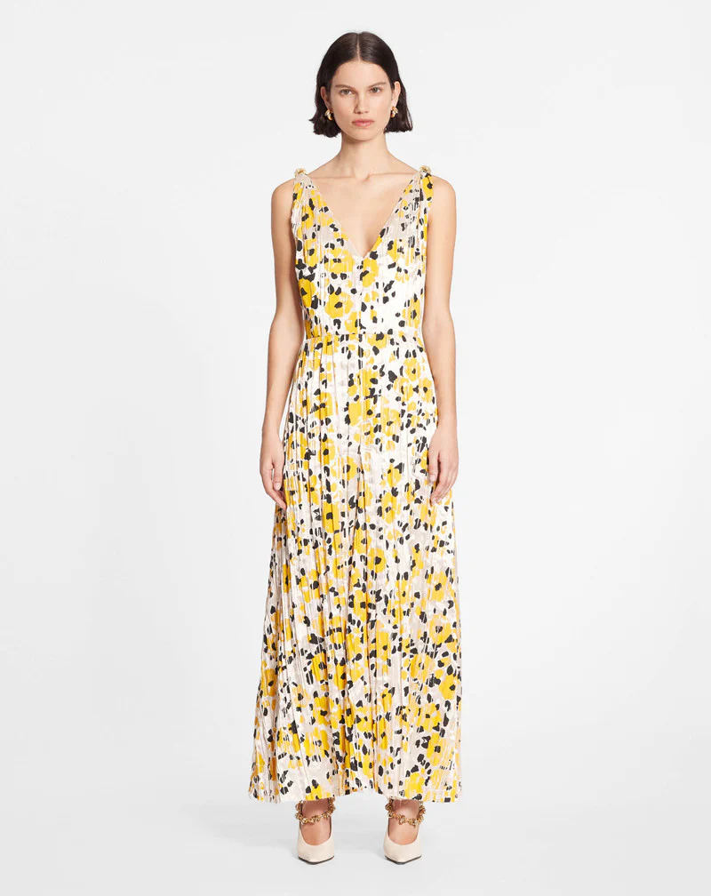 LANVIN WOMEN'S YELLOW FLORAL SLEEVELESS A-LINE MIDI DRESS - Image 2