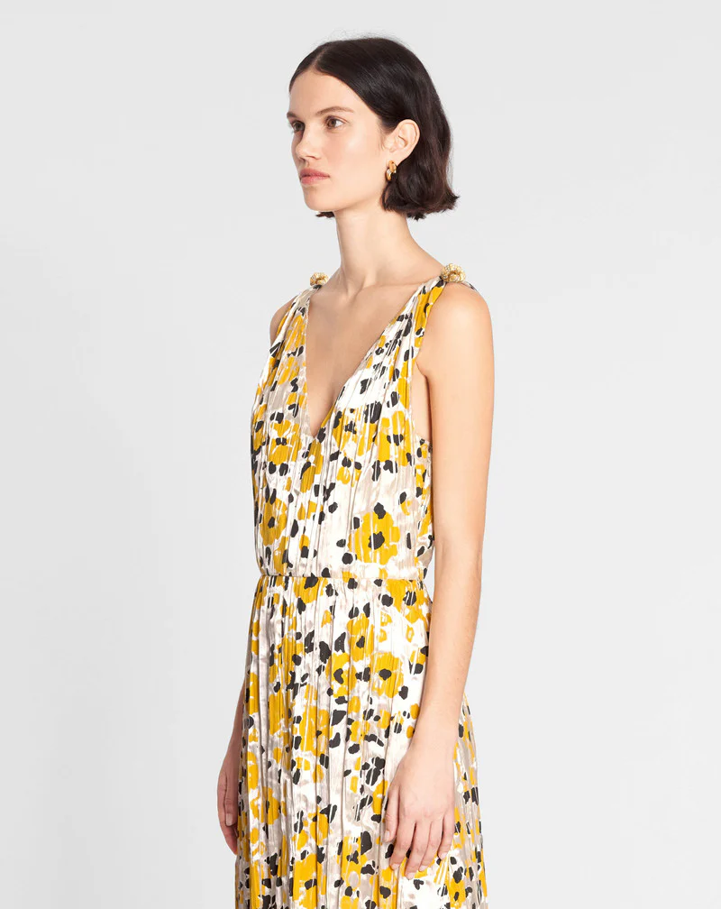 LANVIN WOMEN'S YELLOW FLORAL SLEEVELESS A-LINE MIDI DRESS - Image 3