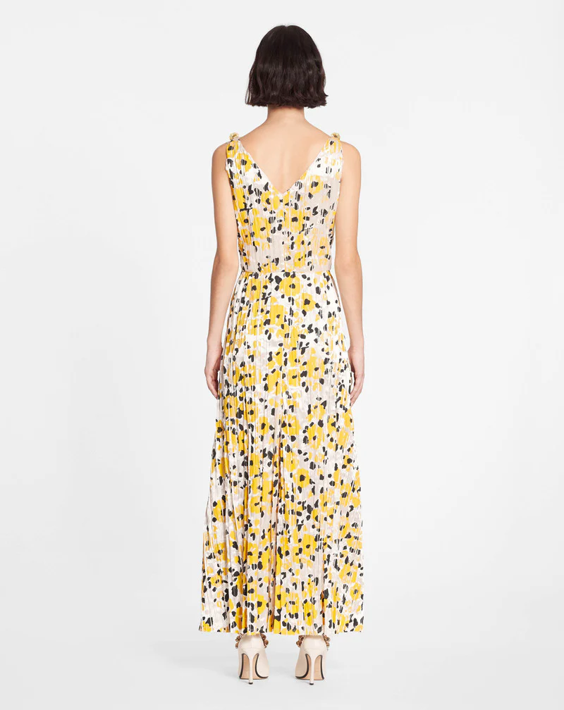 LANVIN WOMEN'S YELLOW FLORAL SLEEVELESS A-LINE MIDI DRESS - Image 4