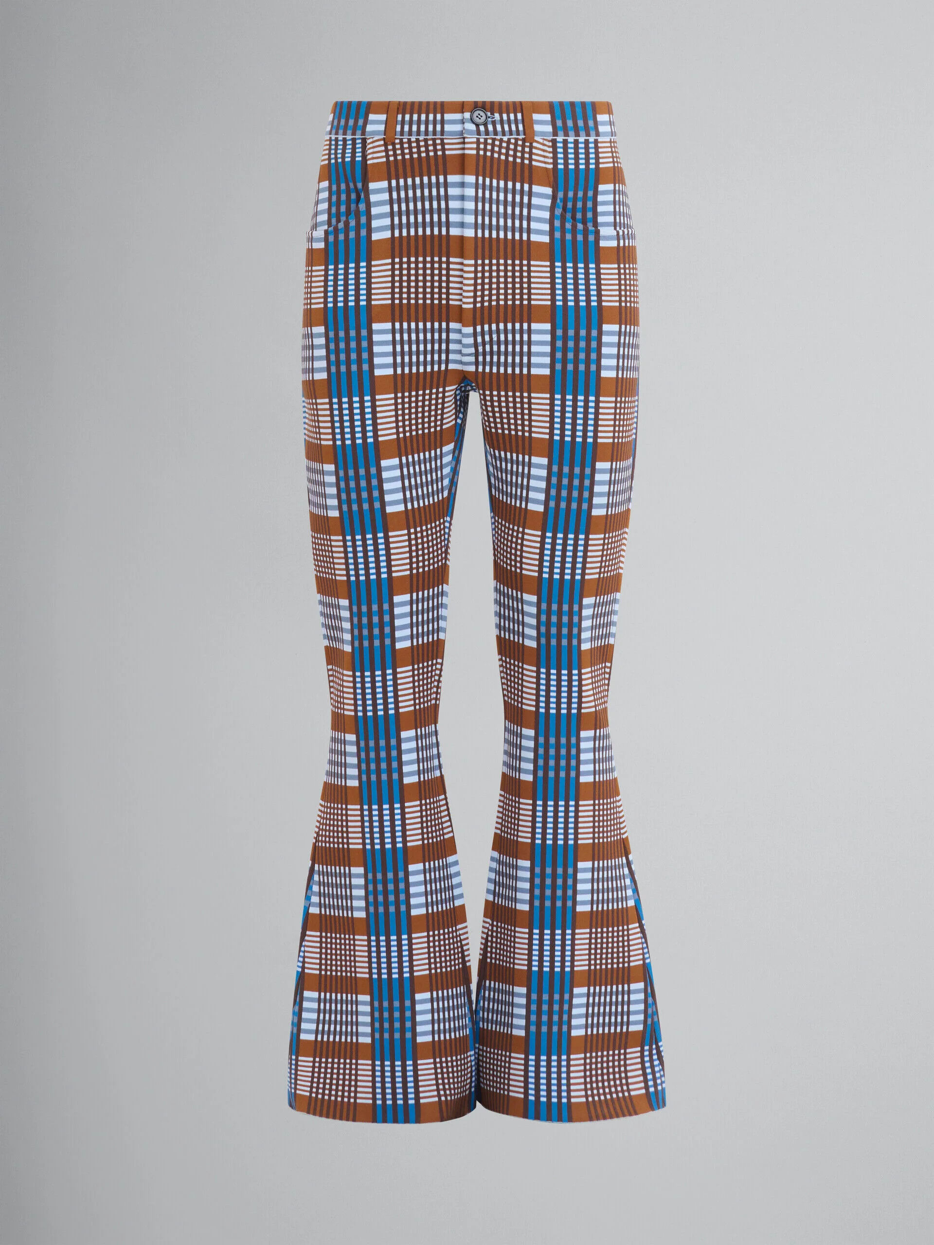 MARNI MEN'S BROWN BLUE PLAID FLARED TROUSERS