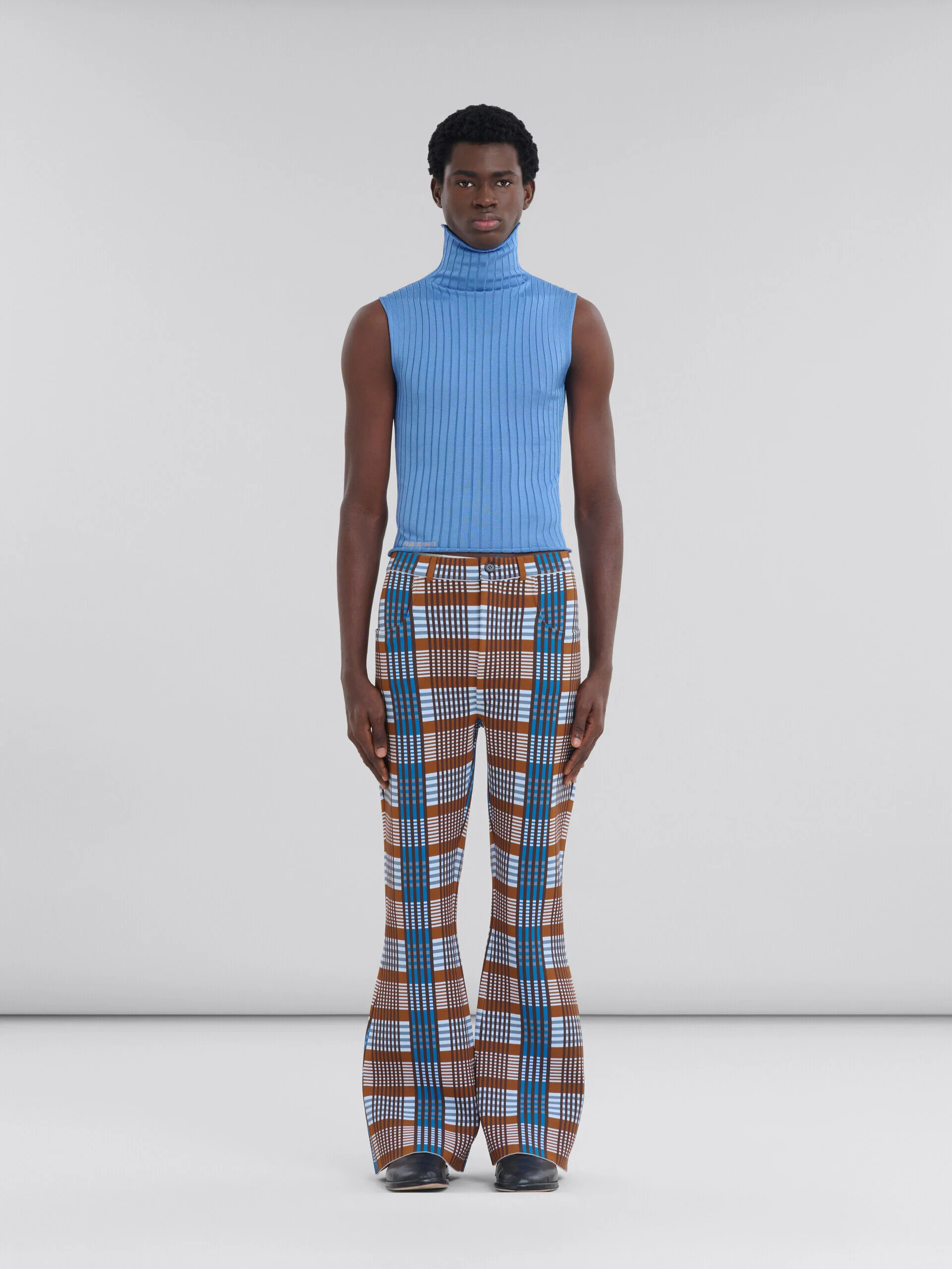MARNI MEN'S BROWN BLUE PLAID FLARED TROUSERS - Image 2