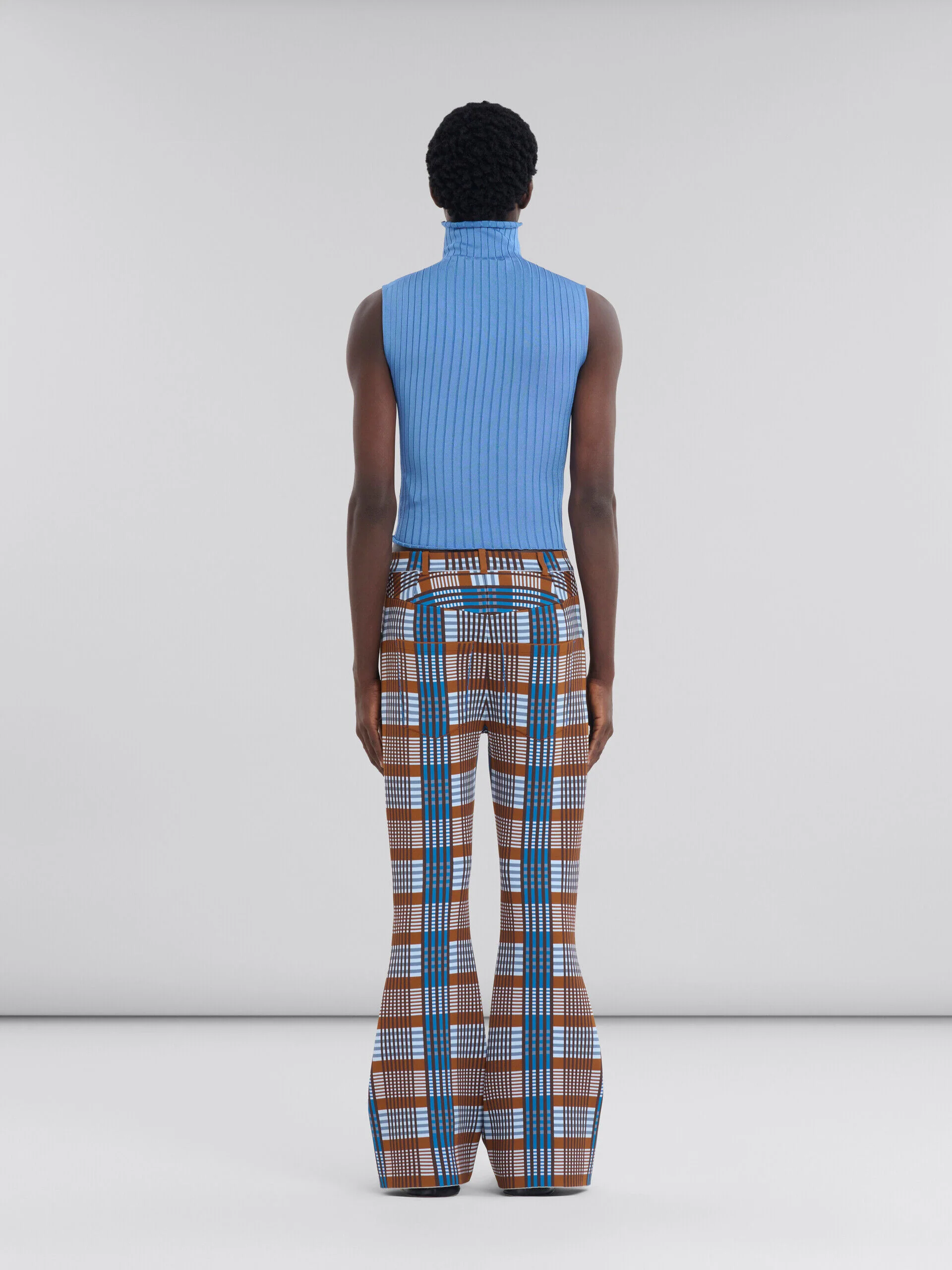 MARNI MEN'S BROWN BLUE PLAID FLARED TROUSERS - Image 3