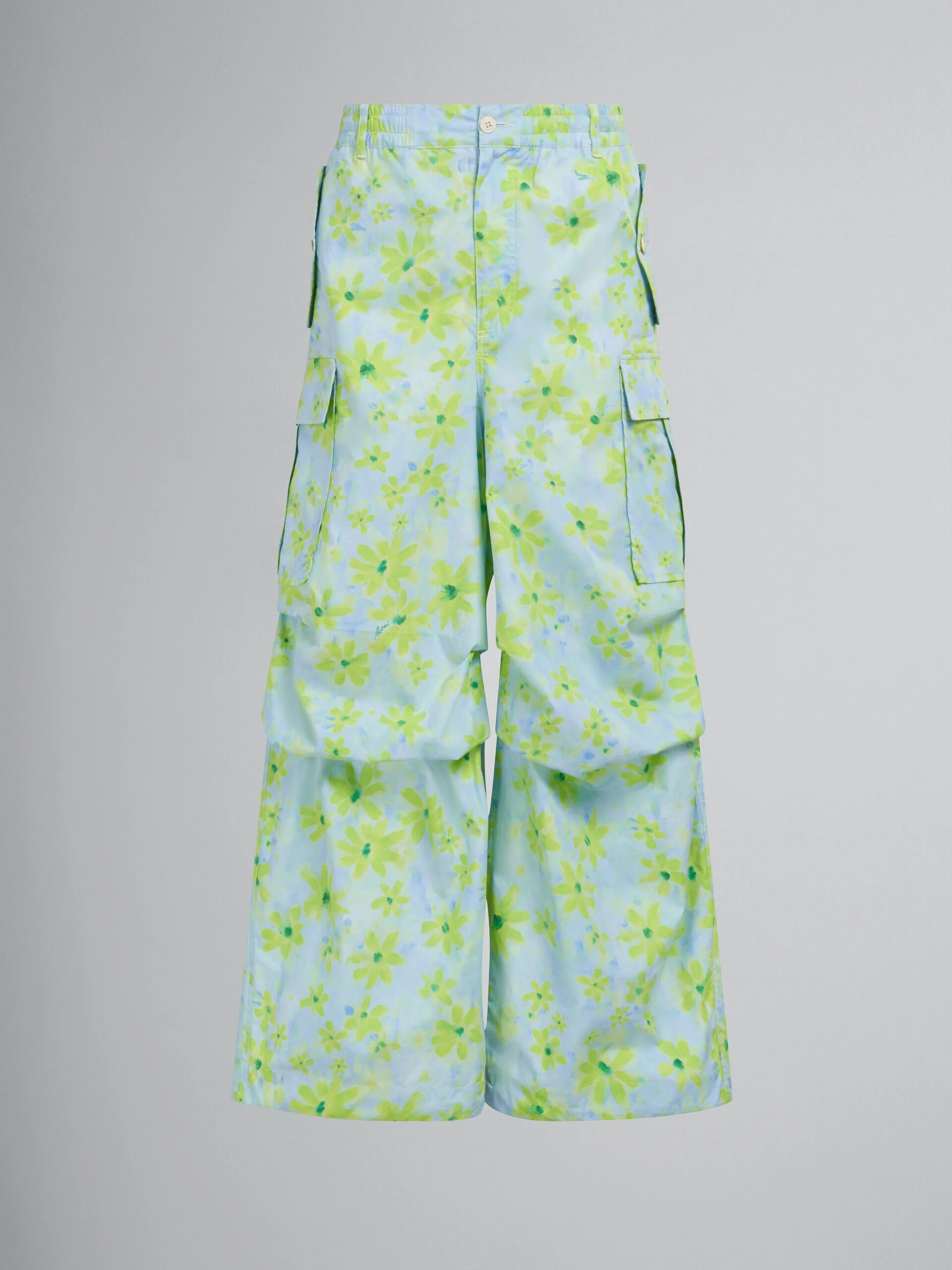 MARNI MEN'S AQUAMARINE FLORAL WIDE-LEG CARGO TROUSERS