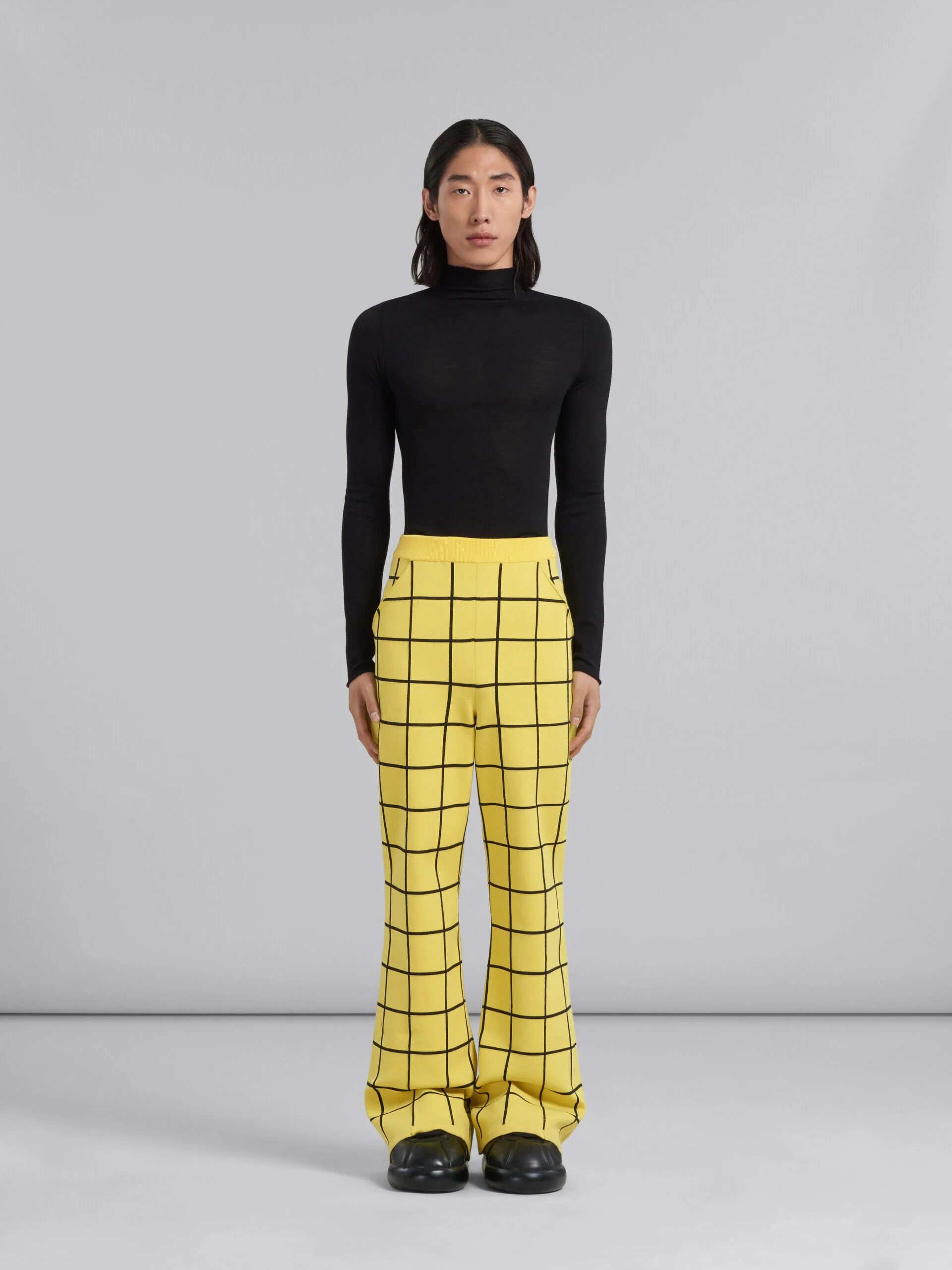 MARNI MEN'S YELLOW GRID PATTERN FLARED TROUSERS - Image 2
