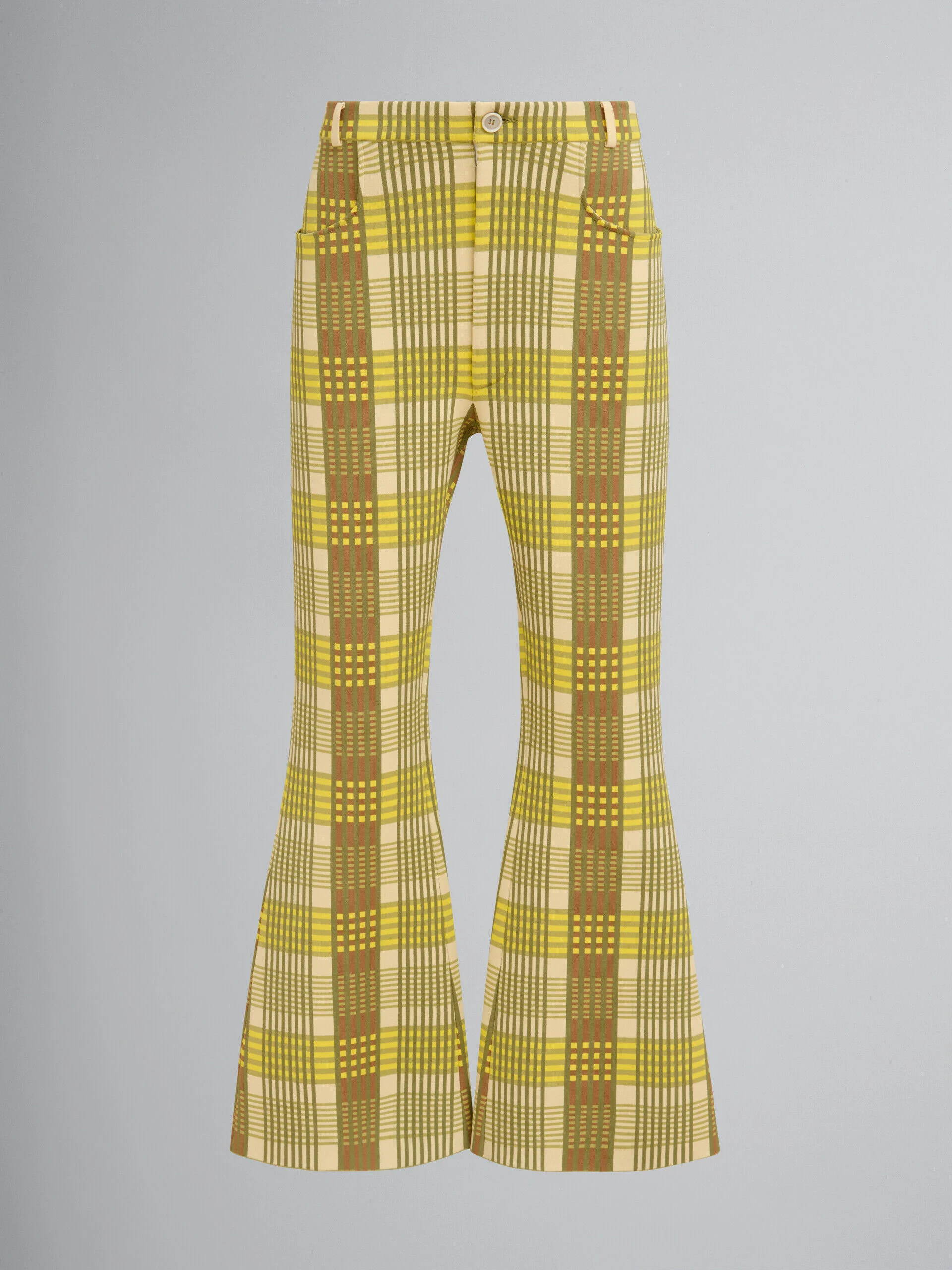 MARNI MEN'S YELLOW PLAID FLARED TROUSERS