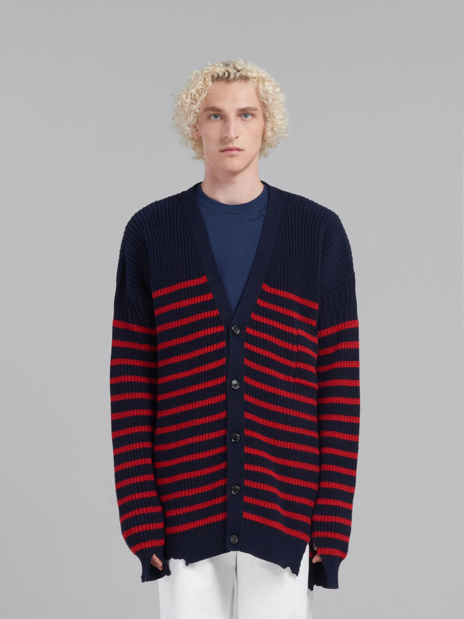 MARNI MEN'S NAVY RED STRIPED CARDIGAN SWEATER - Image 2