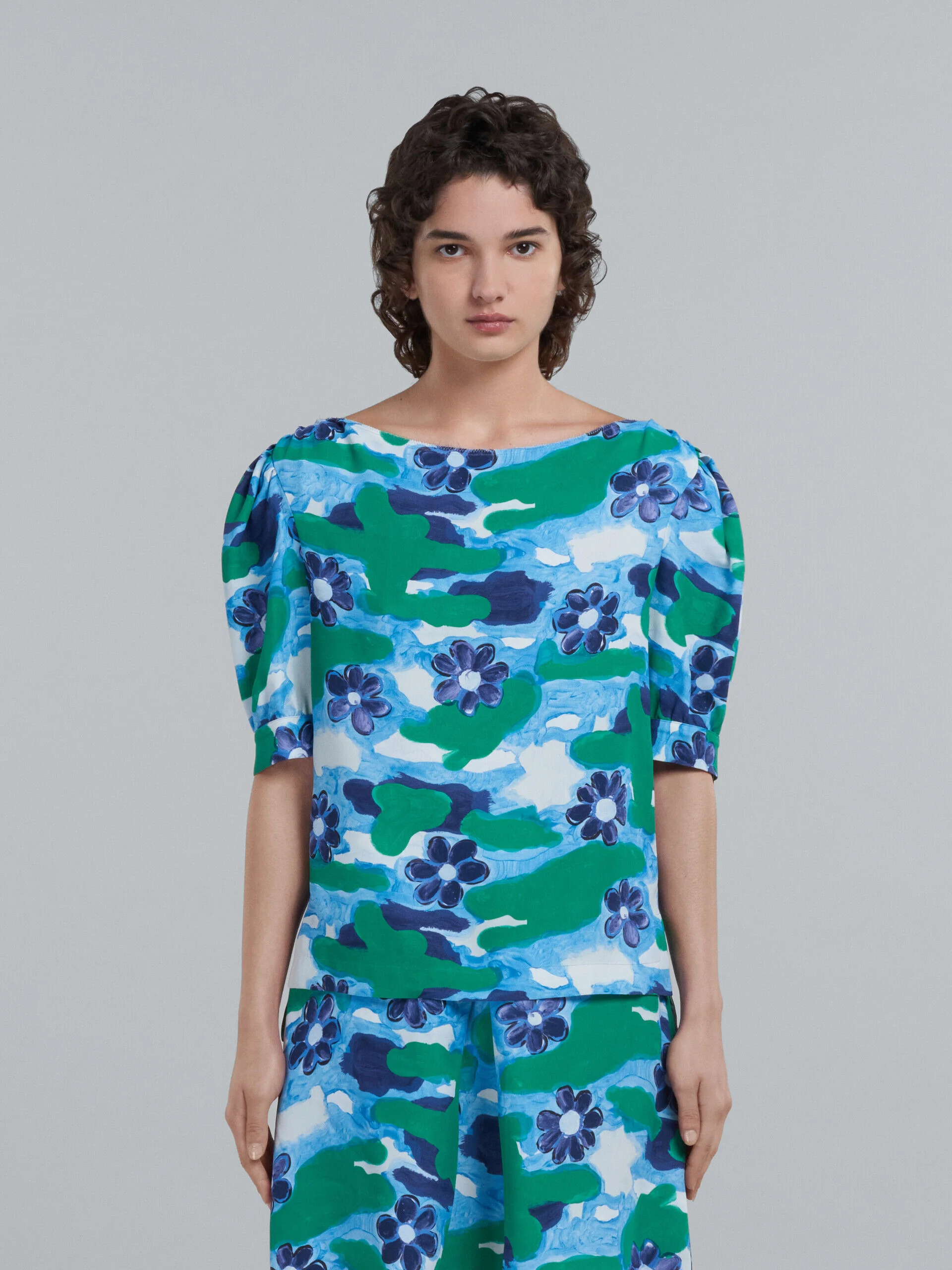 MARNI WOMEN'S BLUE FLORAL PUFF SLEEVE BLOUSE - Image 2