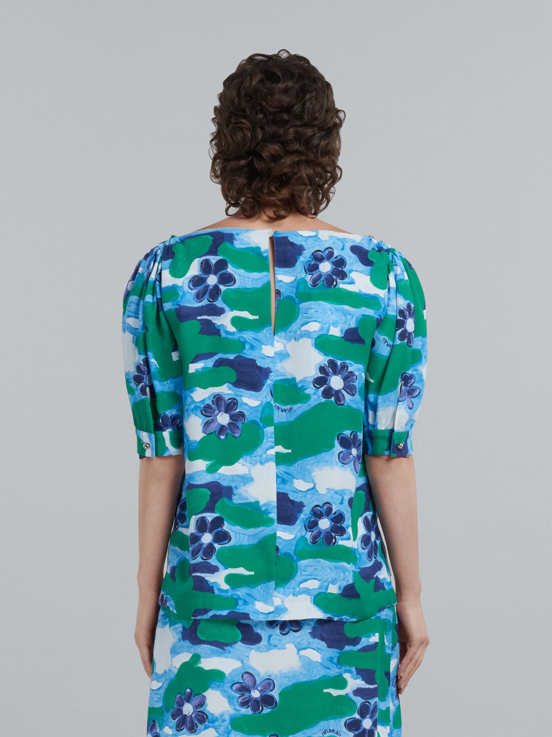 MARNI WOMEN'S BLUE FLORAL PUFF SLEEVE BLOUSE - Image 3