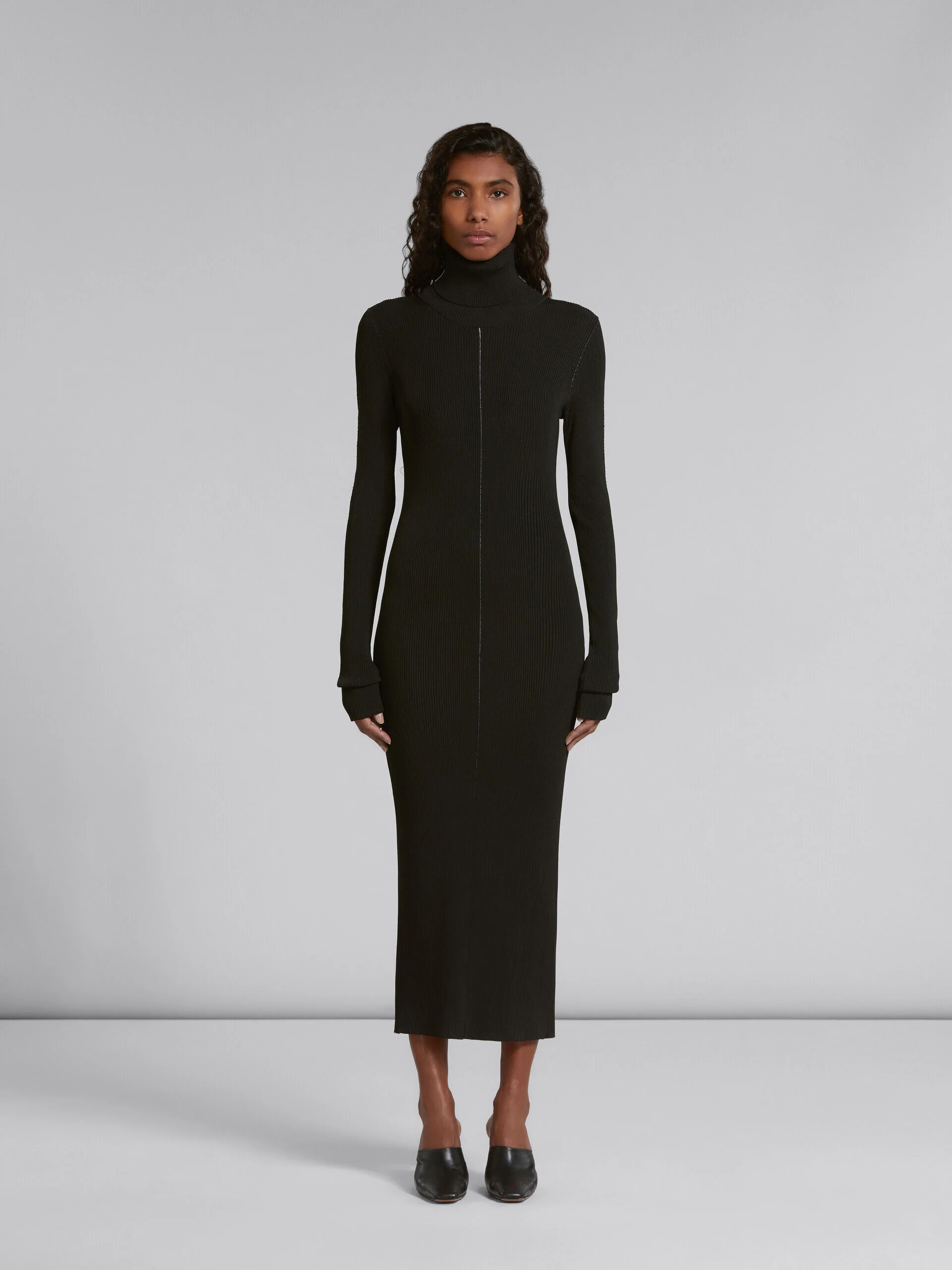 MARNI WOMEN'S BLACK RIBBED TURTLENECK MIDI DRESS - Image 2