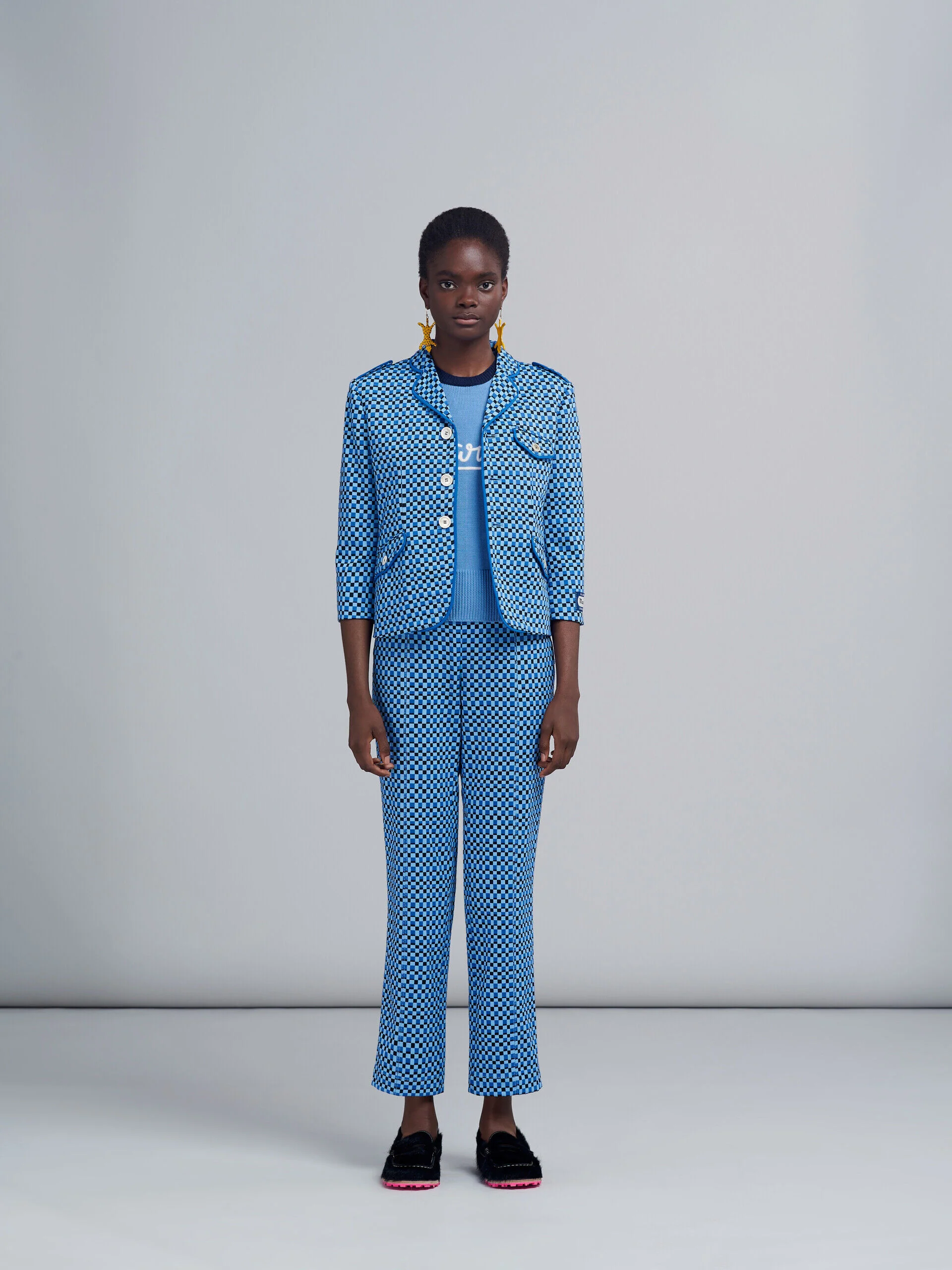 MARNI WOMEN'S BLUE CHECKERED STRAIGHT-LEG TROUSERS - Image 2