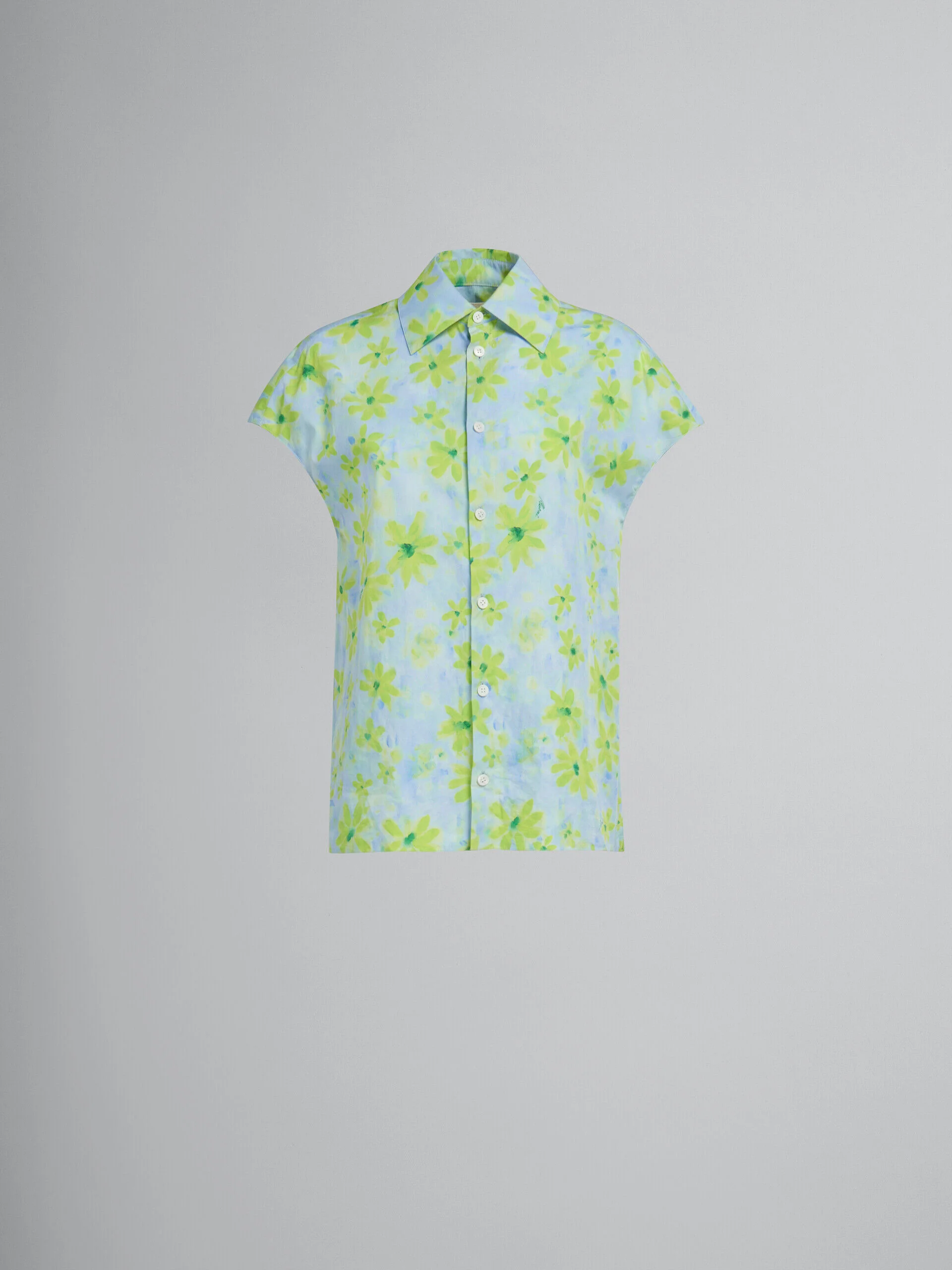 MARNI WOMEN'S AQUA FLORAL SHORT-SLEEVE BLOUSE