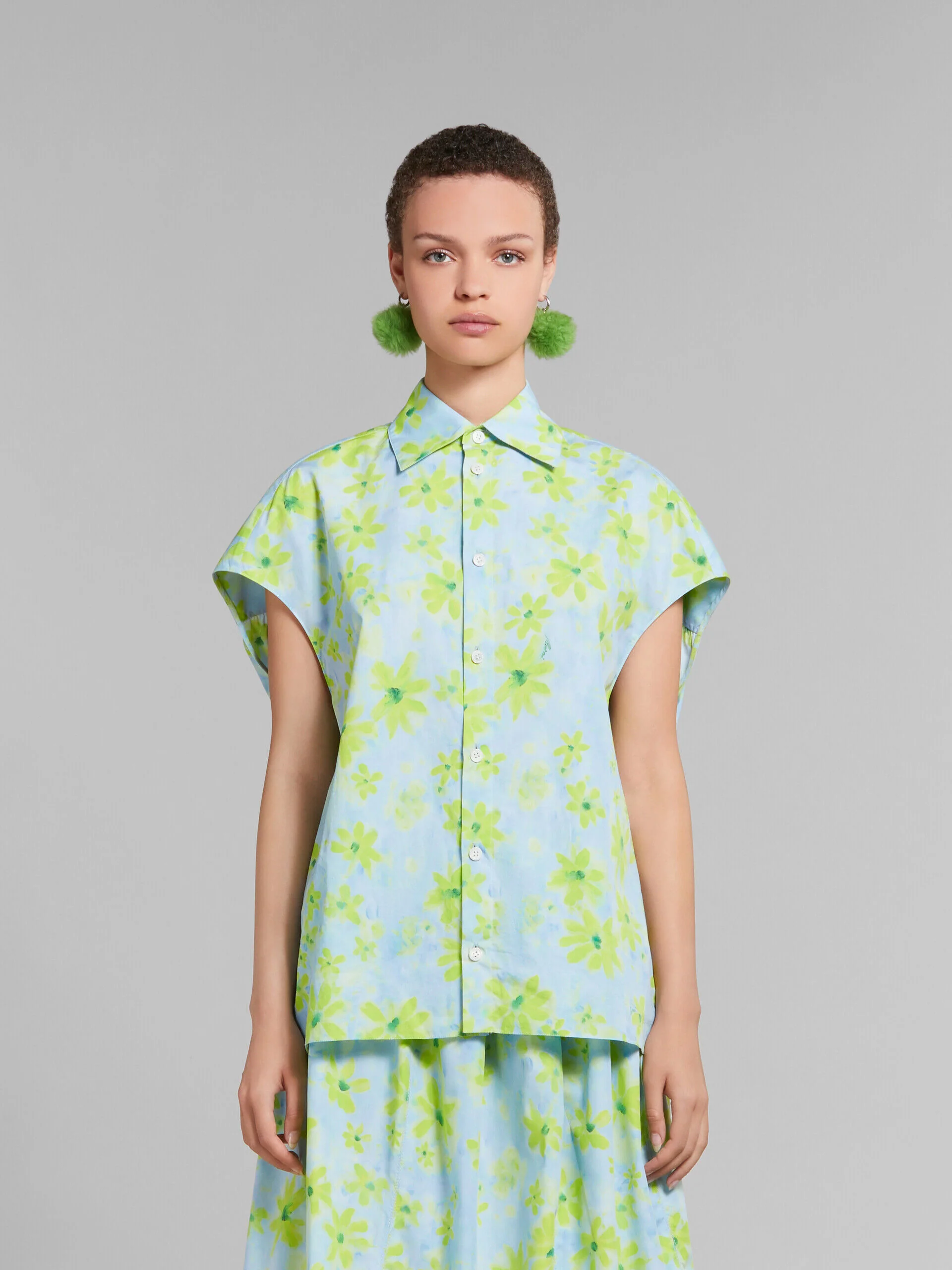 MARNI WOMEN'S AQUA FLORAL SHORT-SLEEVE BLOUSE - Image 2