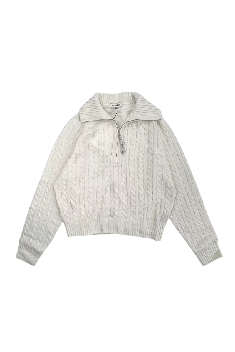 Max Simple Cable Knit Quarter Zip Wool Sweater_White Lux