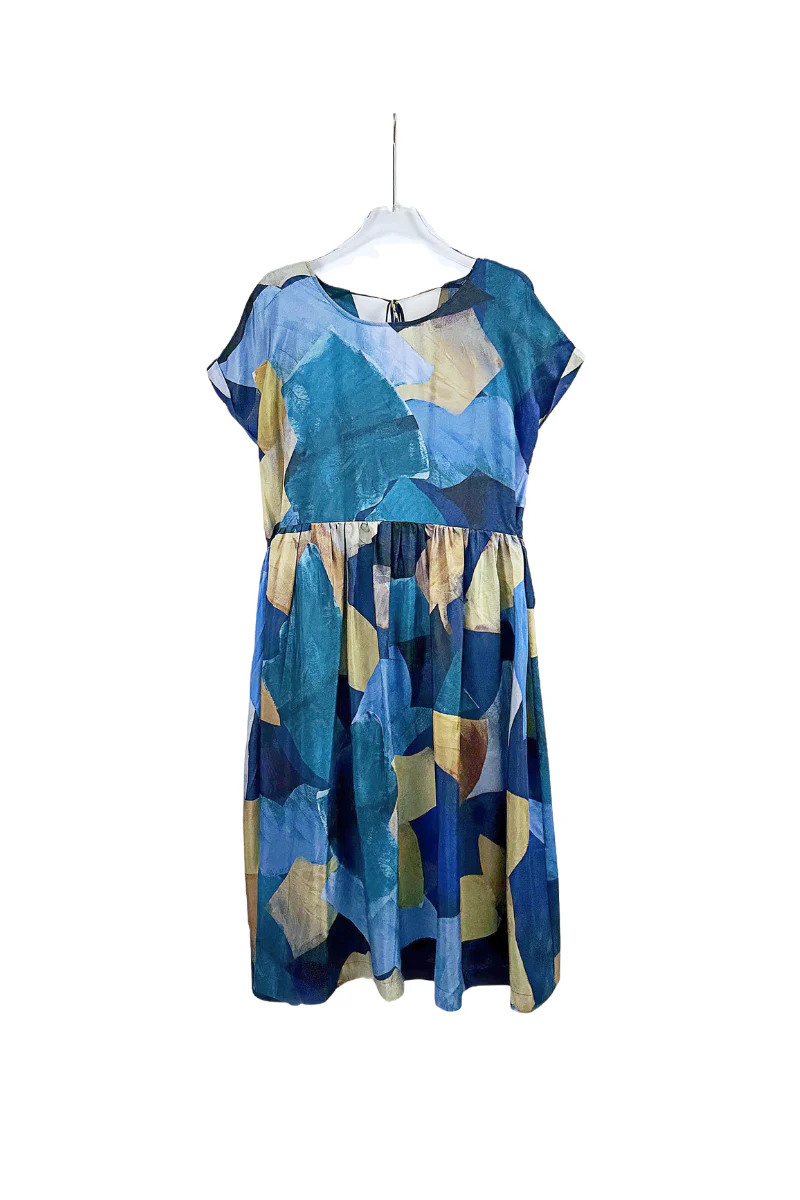 Max Simple Cobalt Square-Pattern Silk Dress Cobalt