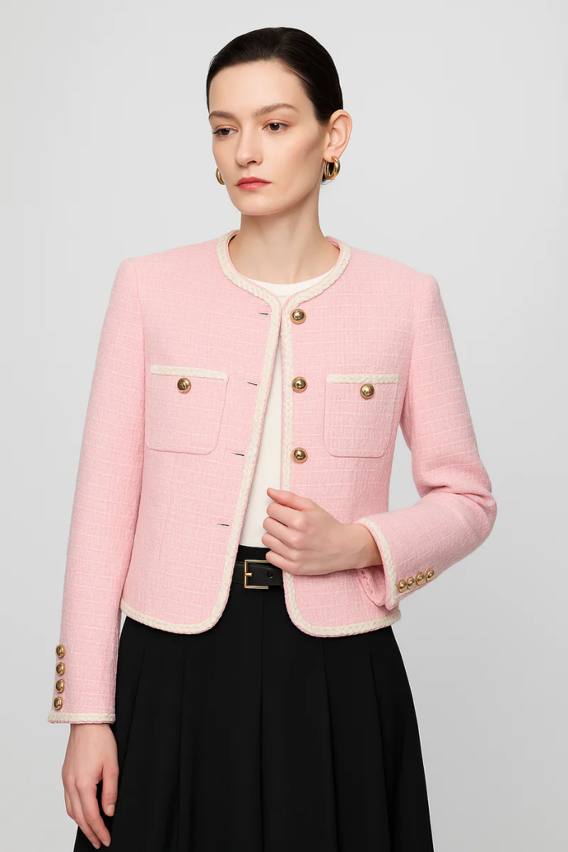 Max Simple Collarless Tweed Fitted Jacket Powder Pink