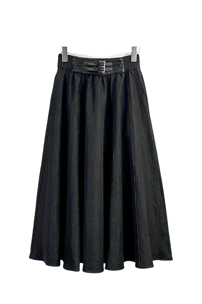 Max Simple Double-Buckle A-Line Skirt Black