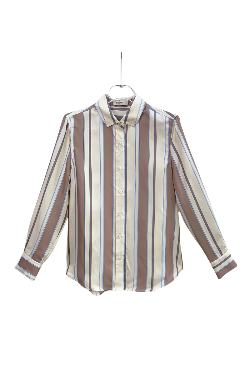 Max Simple Grey Twill Silk Shirt with Stripes Brown Stripes