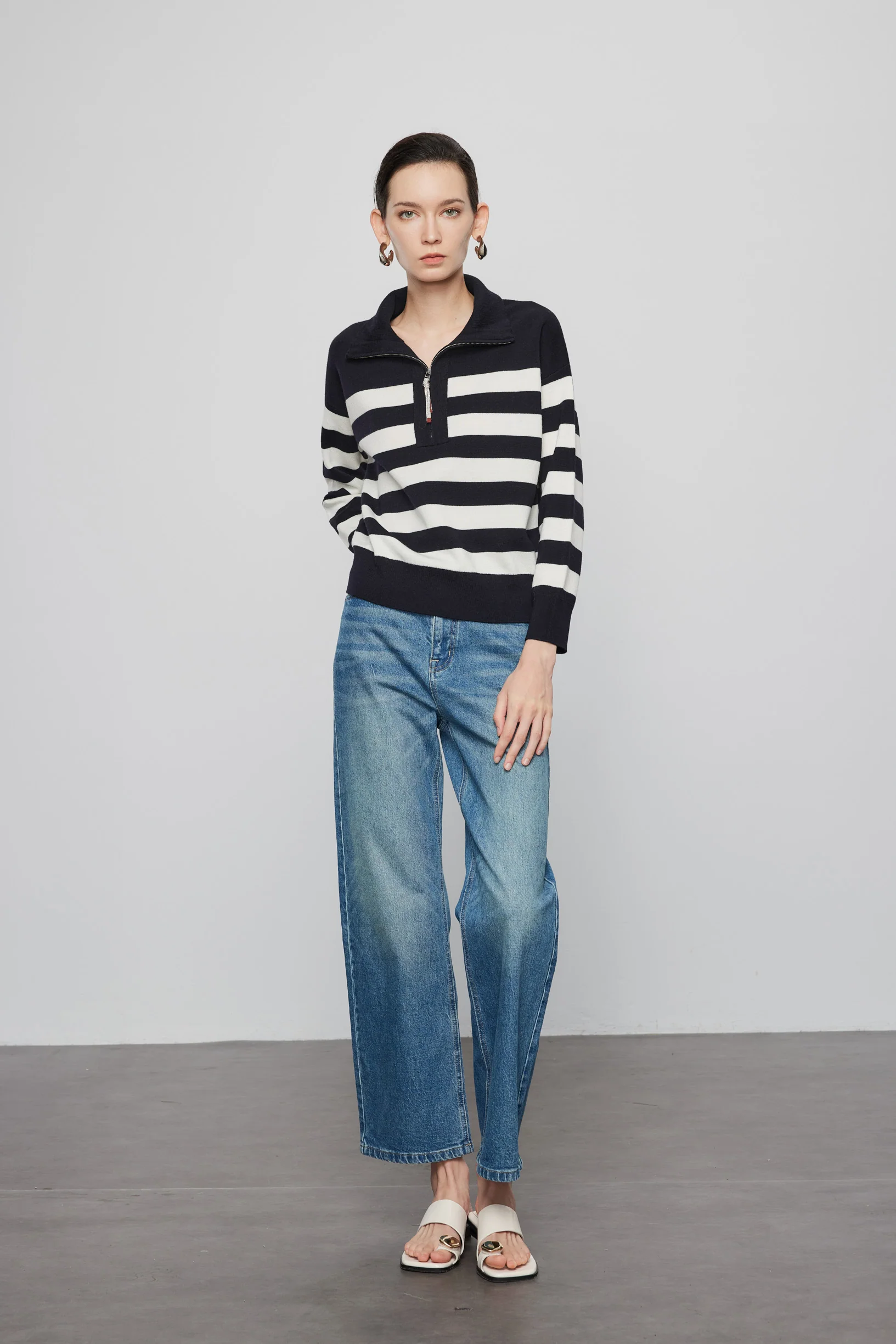 Max Simple Half-Zip Striped Wool Pullover Navy And White