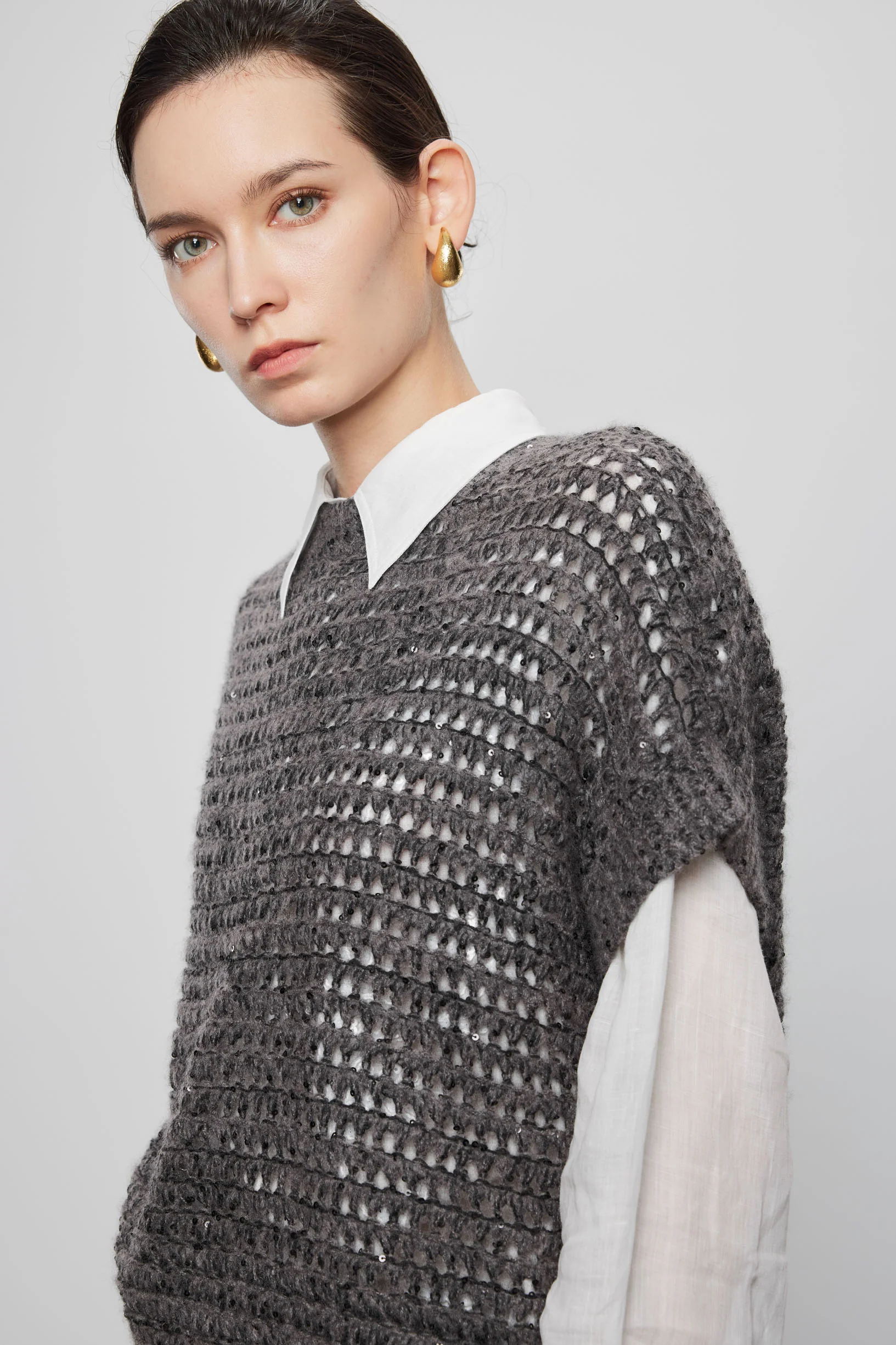 Max Simple Hand-Beaded Cashmere Pullover_Melange Grey - Image 2