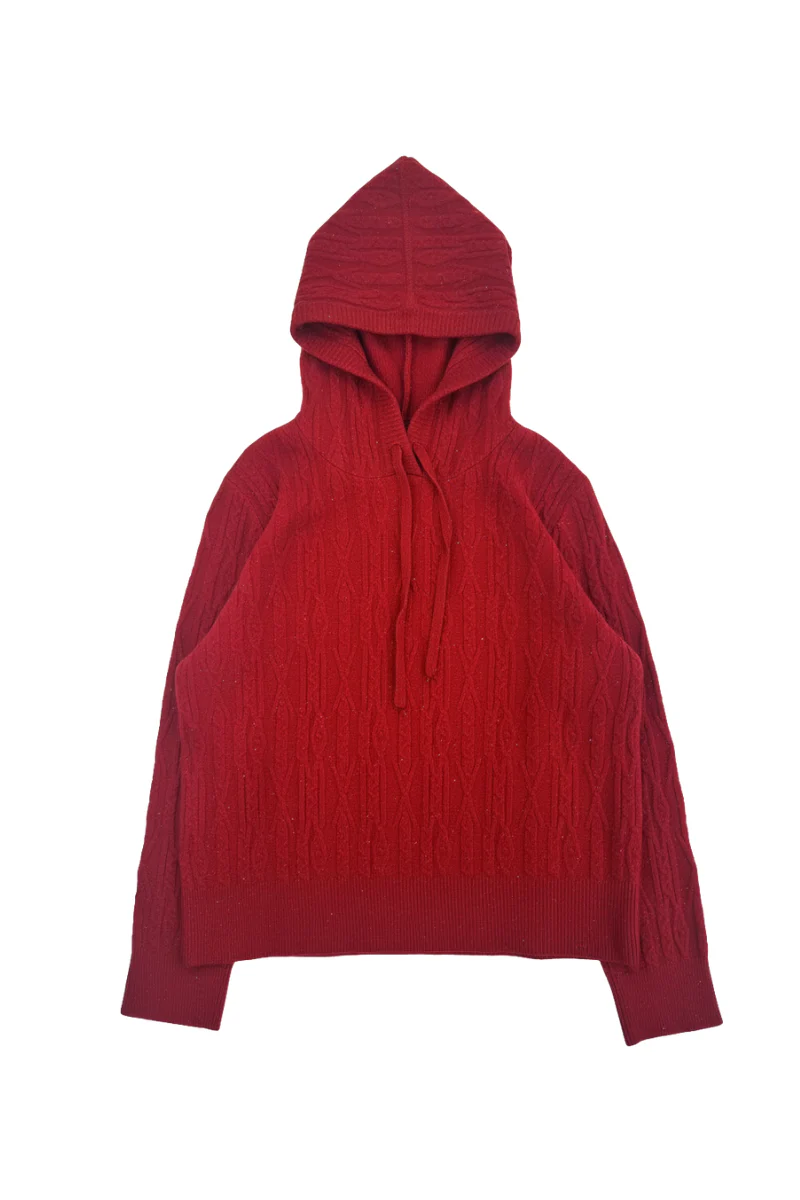 Max Simple Hooded Wool Cable Sweater_Red