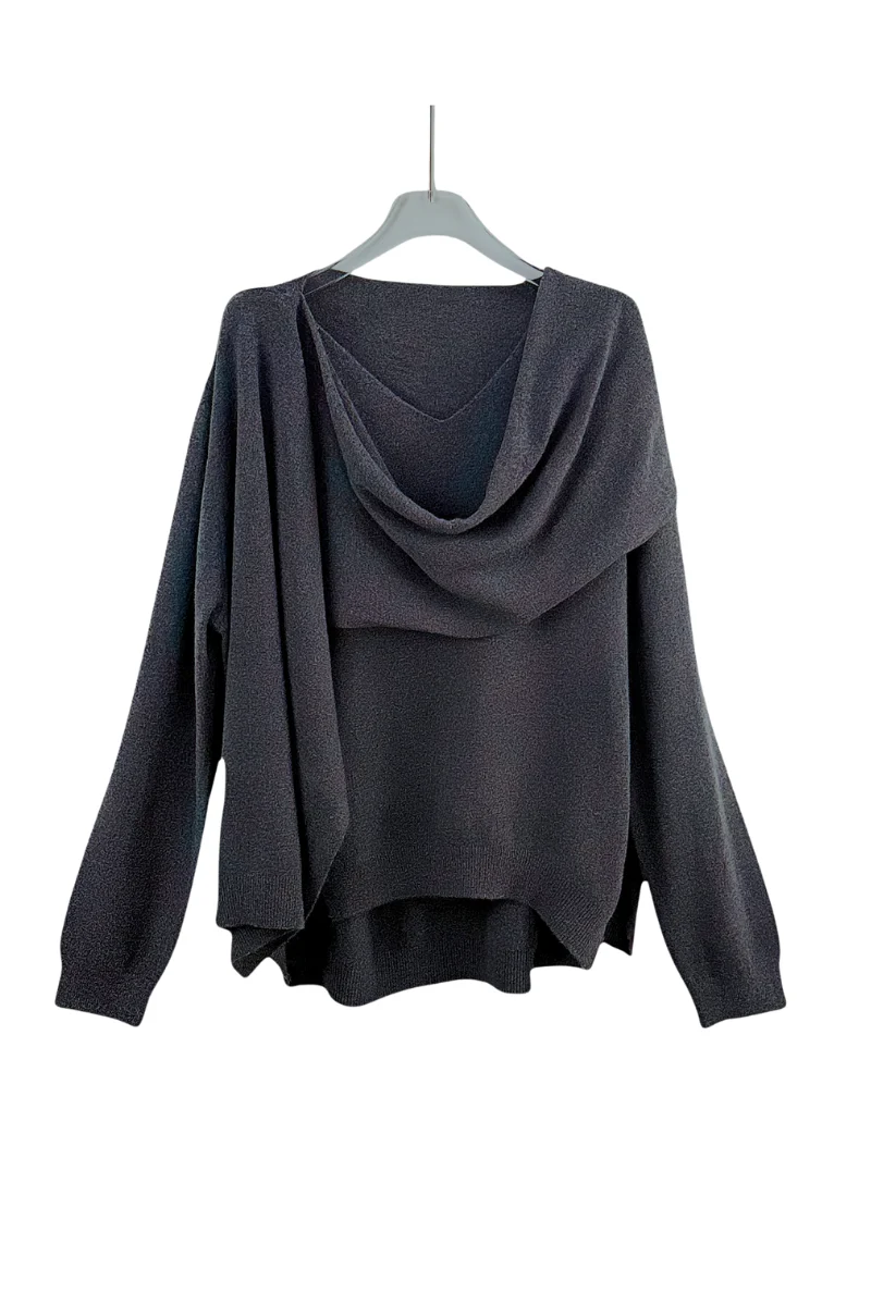 Max Simple Integrated Scarf Knit Top Dark Grey