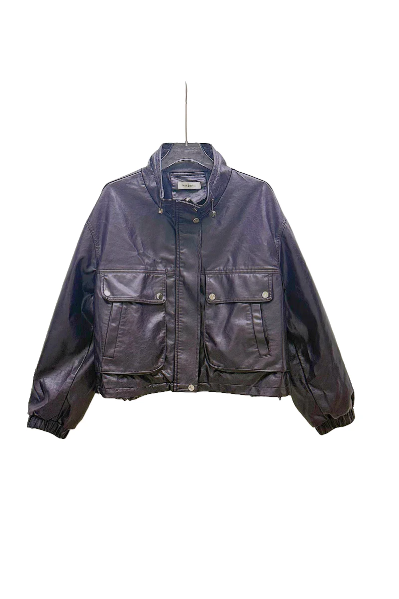 Max Simple Leather Bomber Jacket - Purple Ash