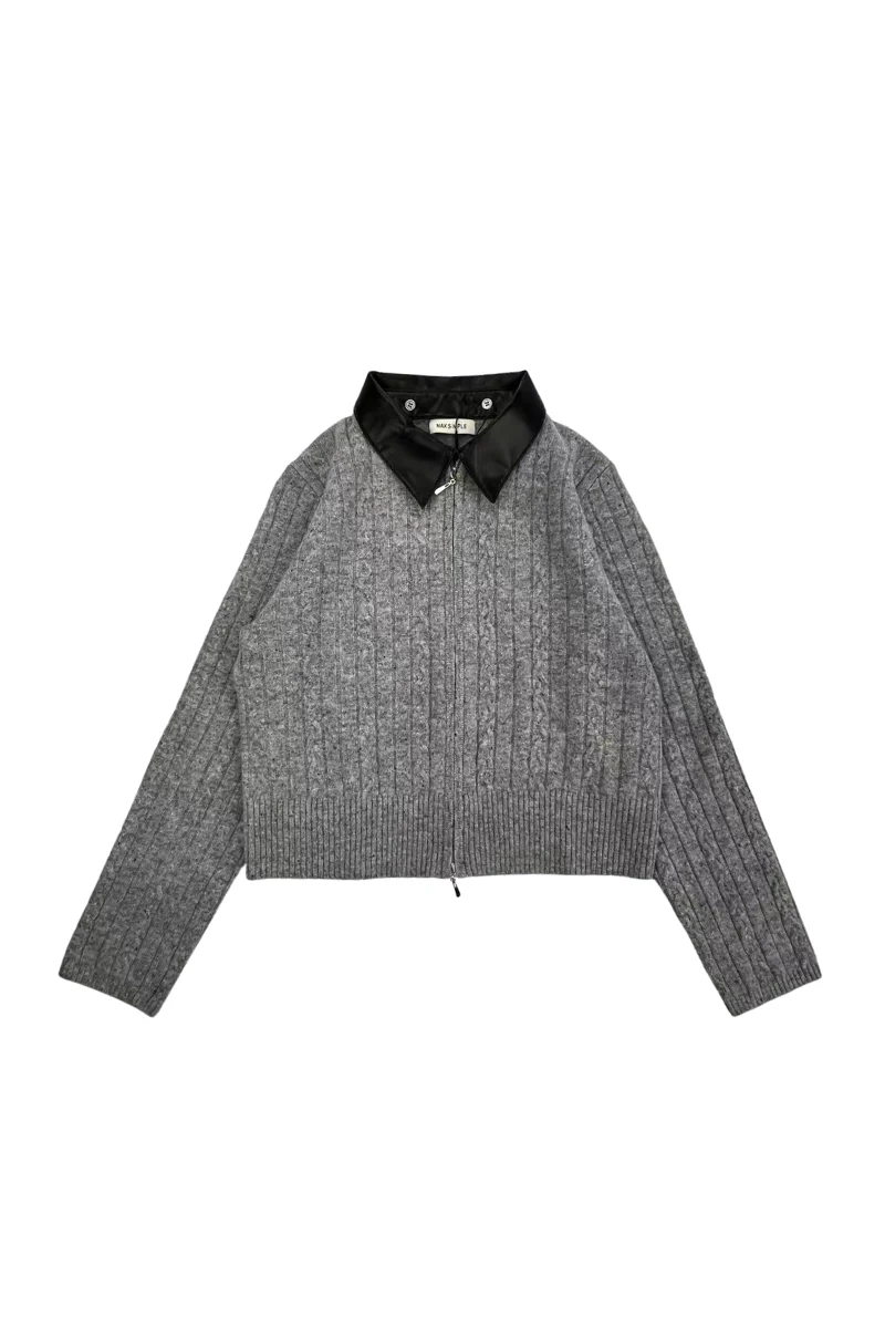 Max Simple Leather-Collar Cable Jacket_Light Grey