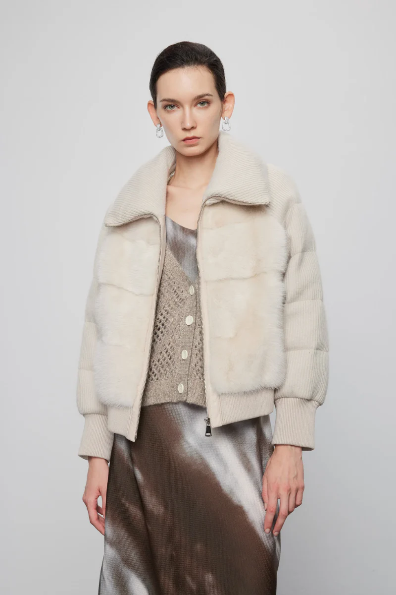 Max Simple Mink Paneled Down Jacket Khaki