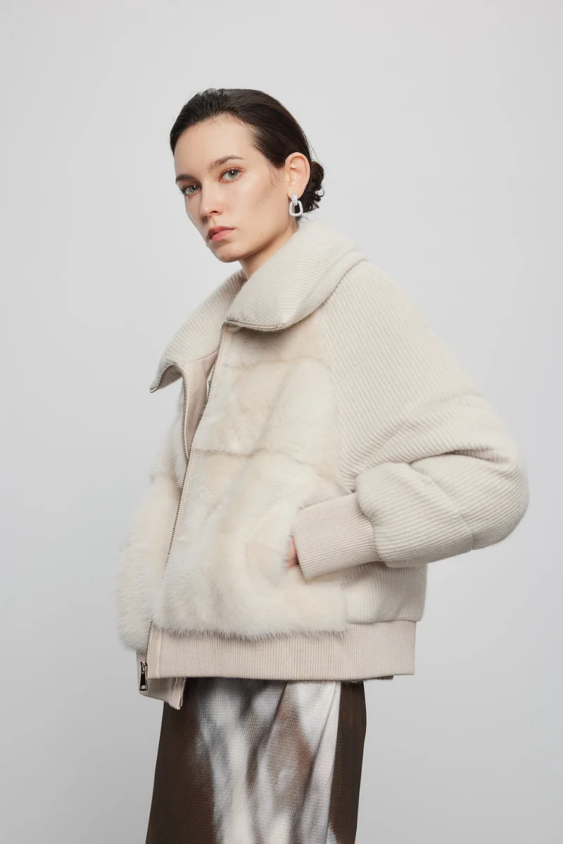 Max Simple Mink Paneled Down Jacket Khaki - Image 2