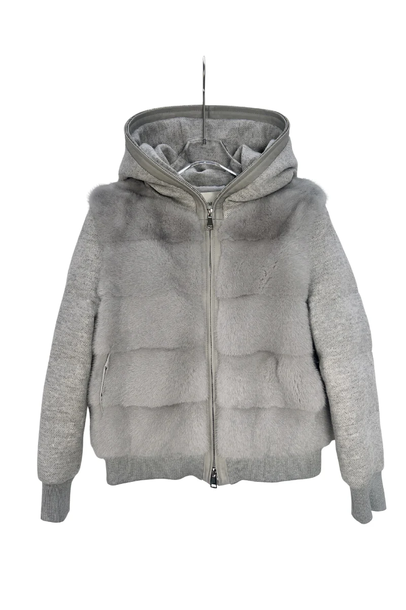 Max Simple Mink-Paneled Hooded Down Jacket_Light Grey