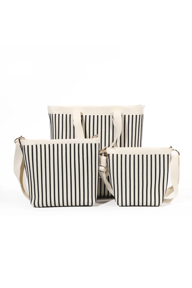 Max Simple Zippered Striped Knit Tote Bag-Black/White
