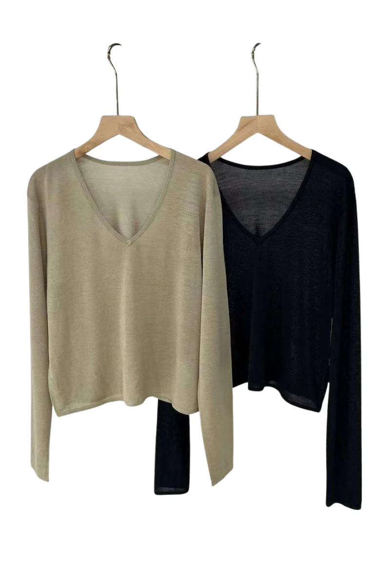 Max Simple Oak Silk V Neck LS Khaki Green