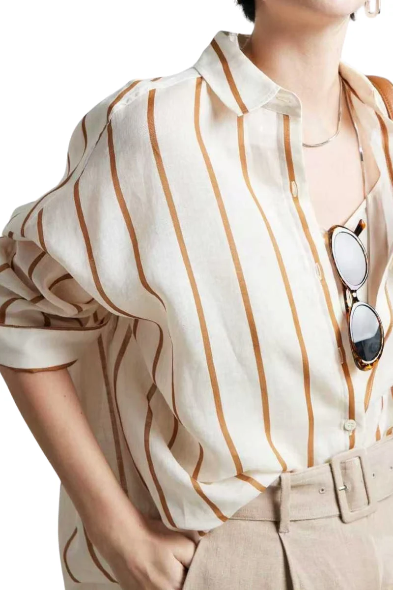 Max Simple Ramie Printed Shirt Coffee Stripes