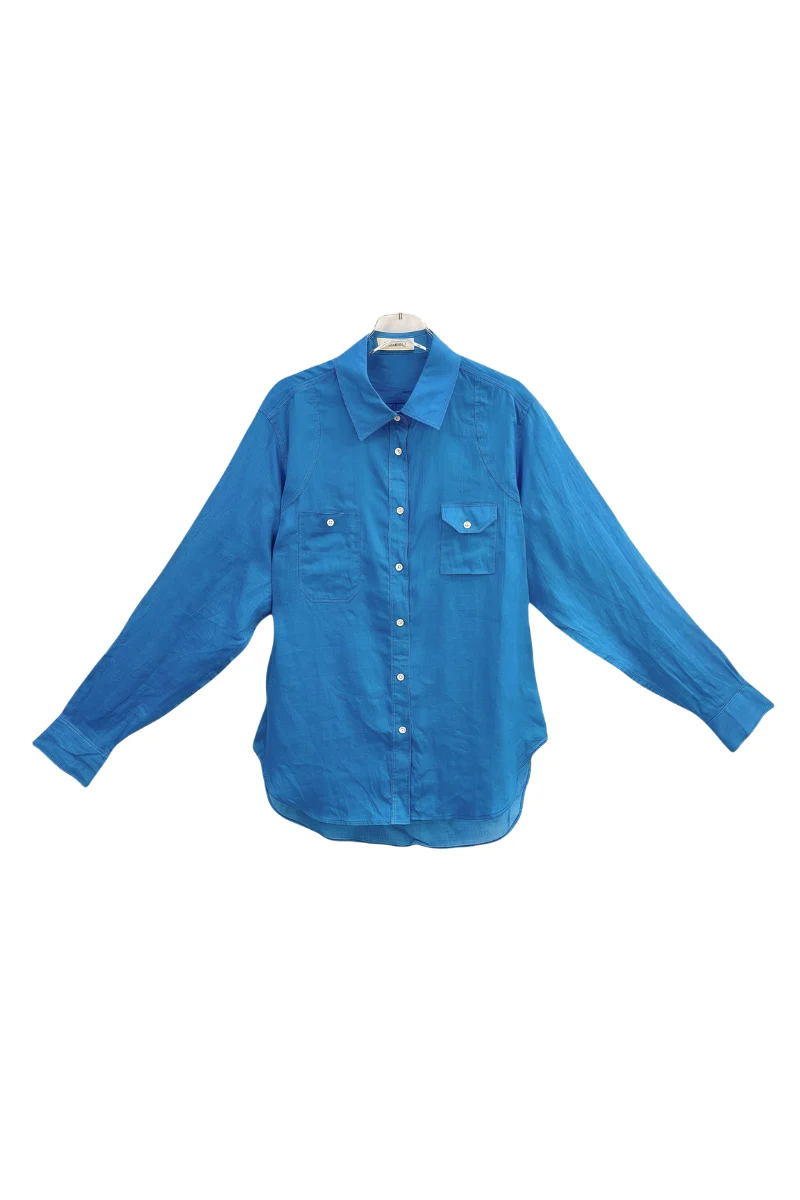 Max Simple Ramie Shirt with Pockets Peacock Blue - Image 2