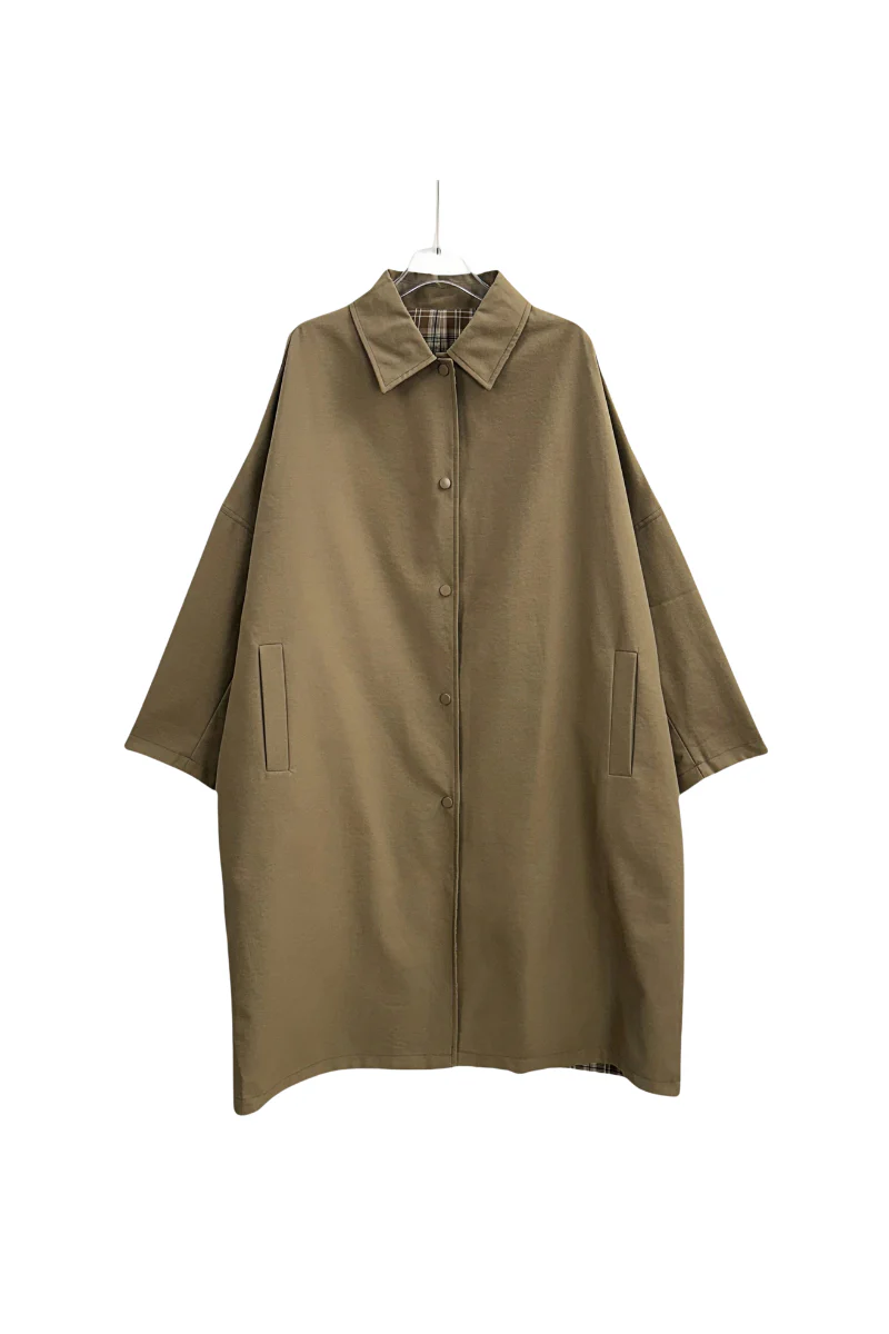 Max Simple Reversible Checkered Oversized Trench Khaki