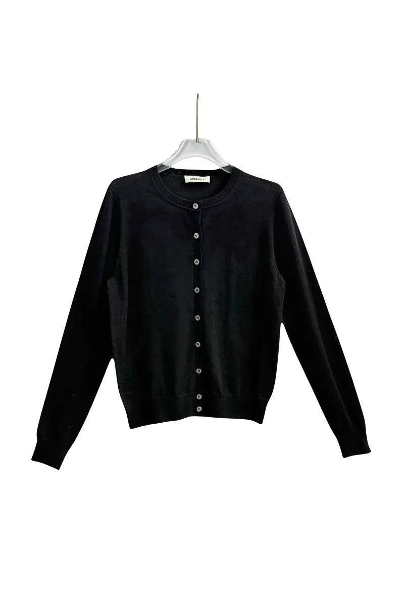 Max Simple Round Neck Wool Cardigan Black