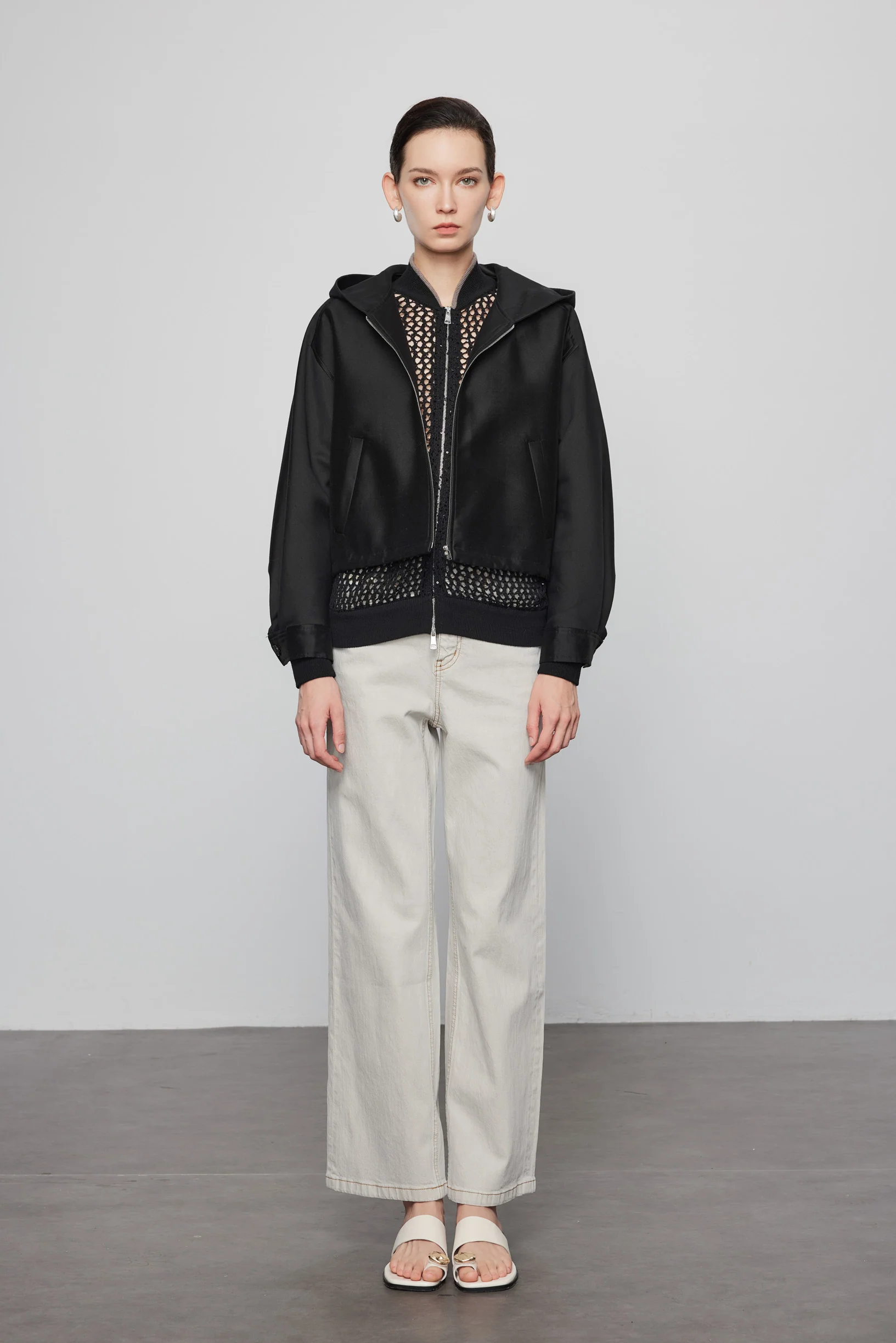 Max Simple Silk-Wool Hooded Jacket Black